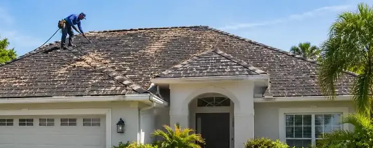 Roofer tearing off old, stained asphalt shingles on a hip roof with ladders at the gutter line